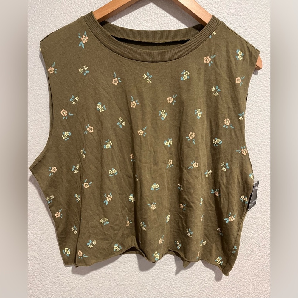 Grayson Threads Womens Floral Print Lounge Sleep Top Cropped Green XL